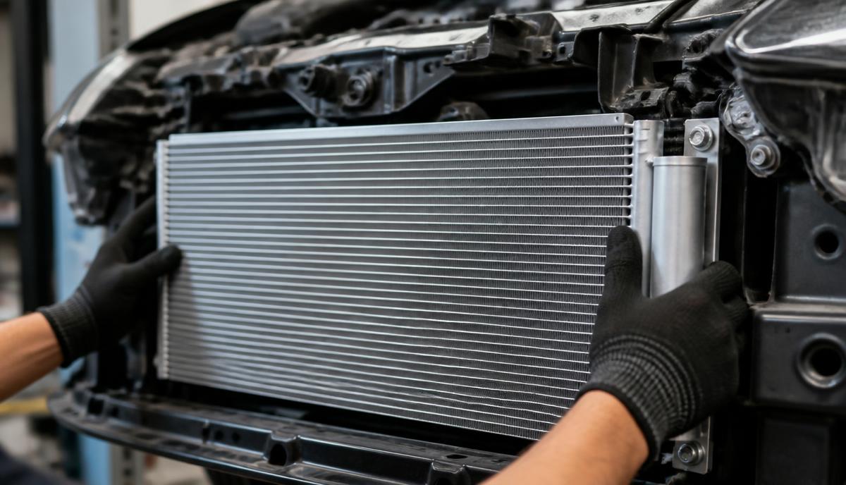 Mechanic fitting a new aluminium car air conditioning condenser behind the front bumper of a car